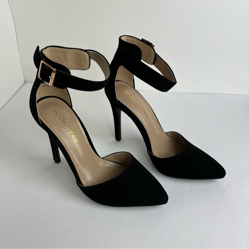 Dream Pairs Black Ankle Strap Heels Size 6 Faux Suede Gold Buckle Pointed Toes